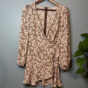 Altar'd State Brown Ivory Floral Daisy Wrap Mini Dress. NWT. Small
